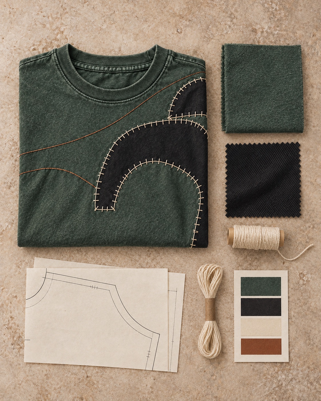 Garment development still life of the original appliqué embroidery t-shirt concept in forest / charcoal / copper