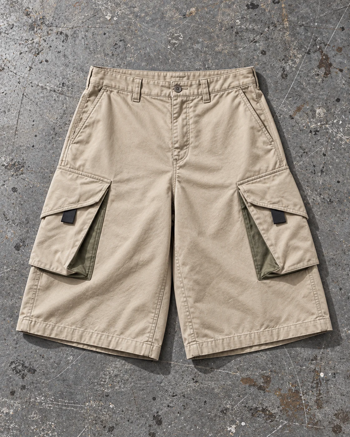 Full garment flat-lay showing the cut — Baggy Cargo Shorts in sand / olive, AI-generated design concept