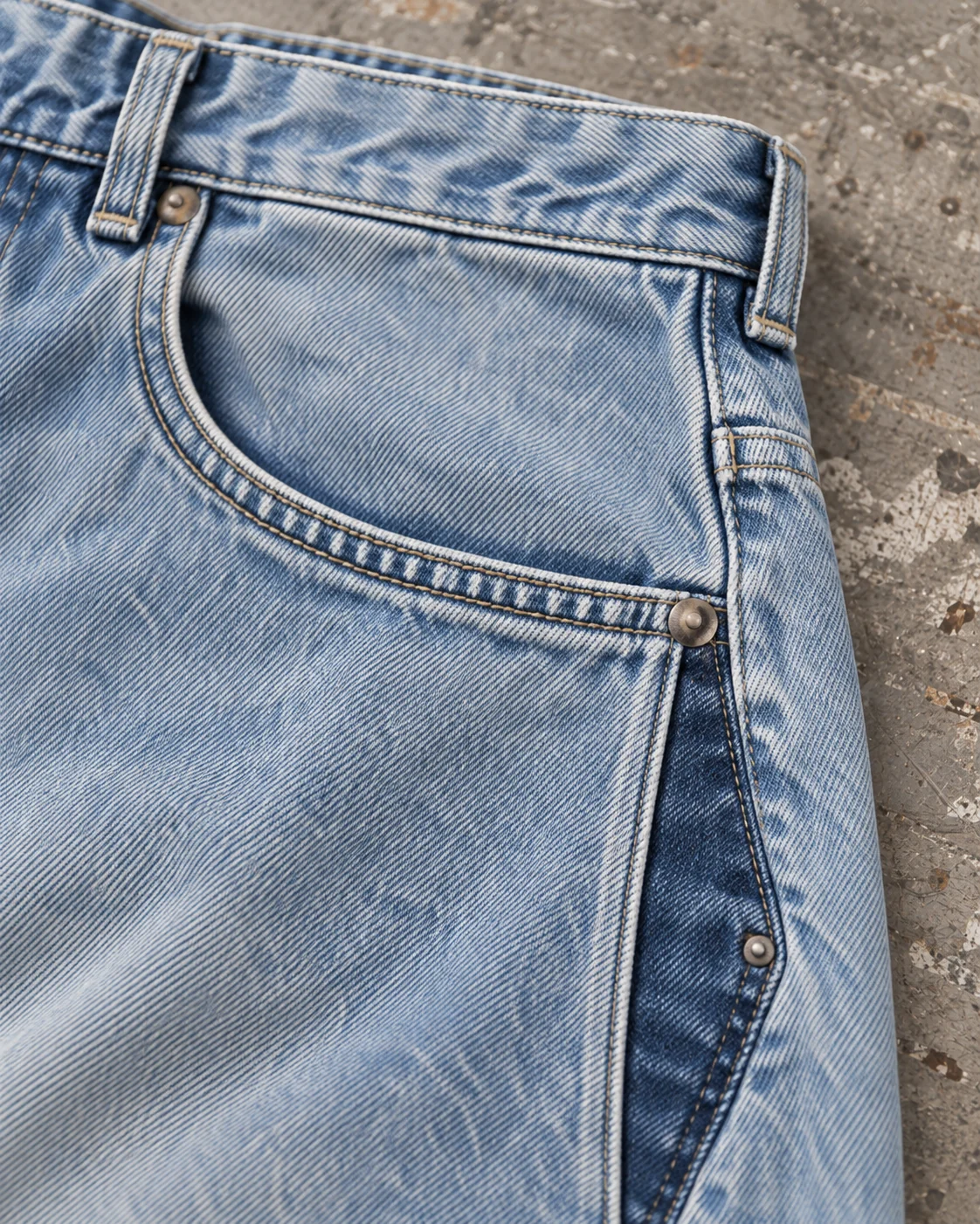 Close-up of fabric and signature construction — Baggy Denim Shorts / Jorts in faded light blue / indigo, AI-generated design concept