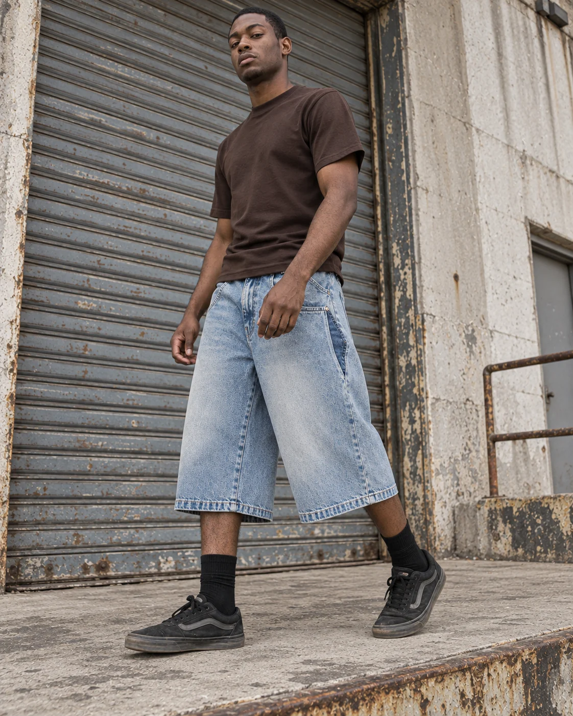 Full-body streetwear styling — Baggy Denim Shorts / Jorts in faded light blue / indigo, AI-generated design concept
