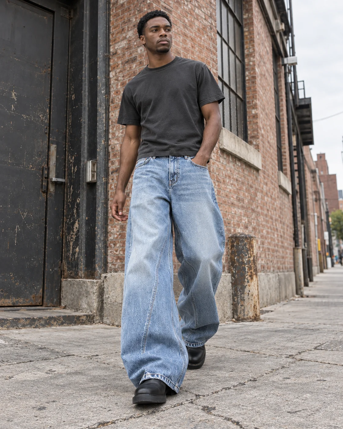 Full-body streetwear styling — Baggy Wide-Leg Jeans in ice blue / faded indigo, AI-generated design concept