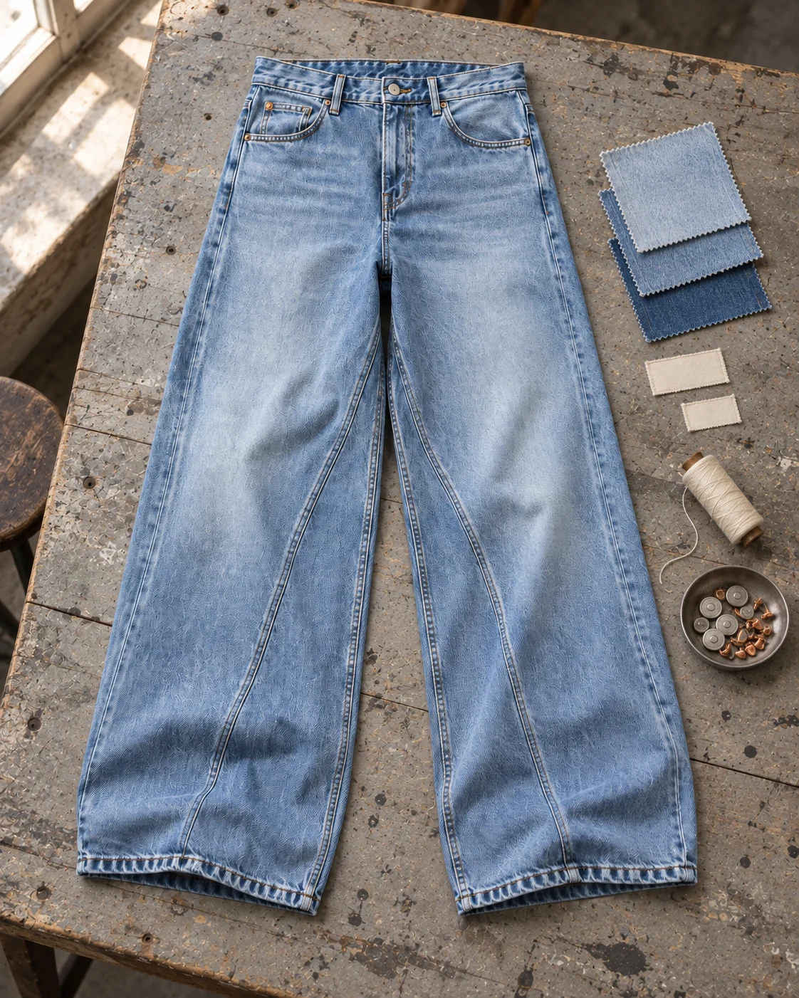 Garment development concept with materials and trims — Baggy Wide-Leg Jeans in ice blue / faded indigo, AI-generated design concept