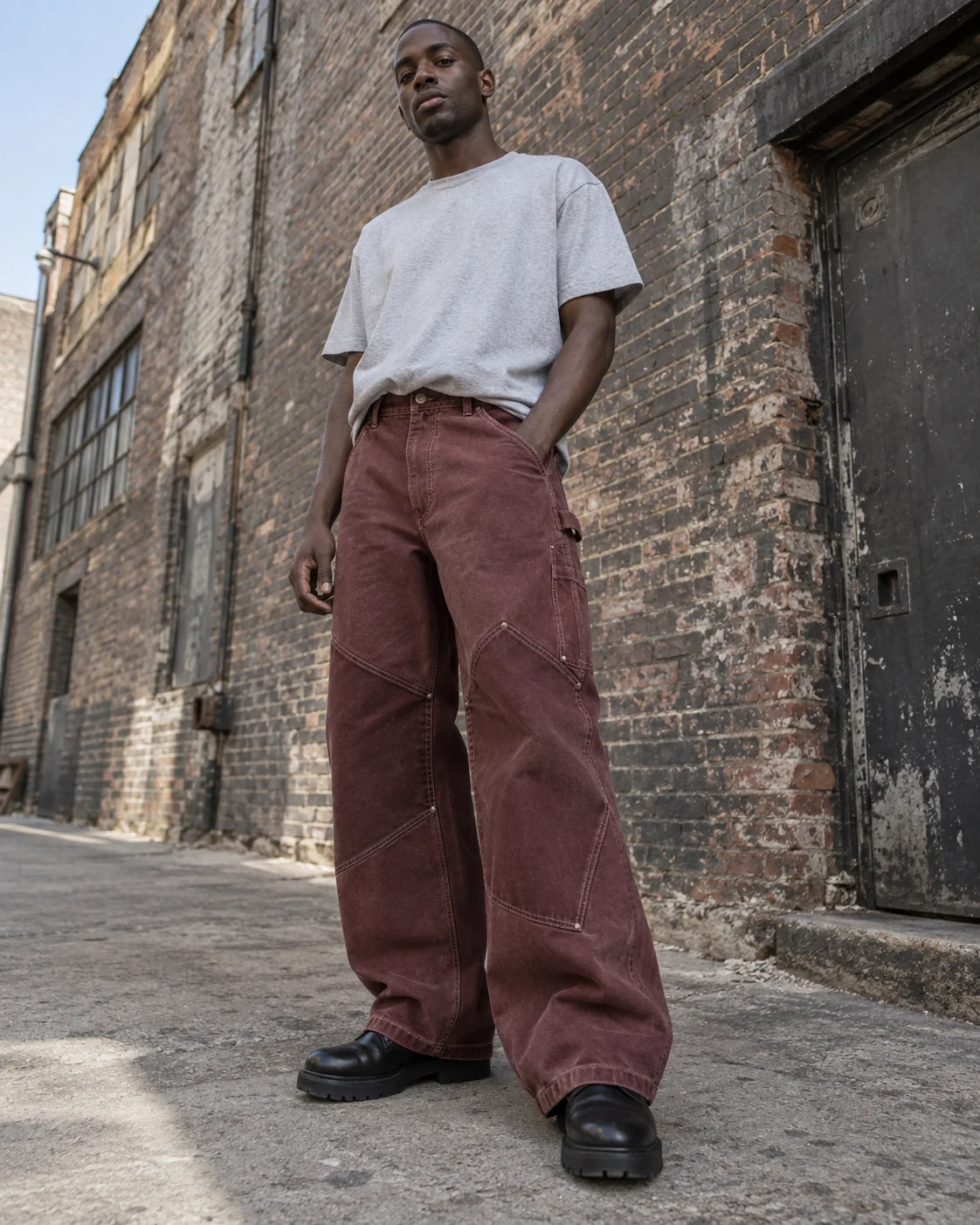 Front on-model view — Canvas Carpenter Pants in faded oxblood / chalk, AI-generated design concept