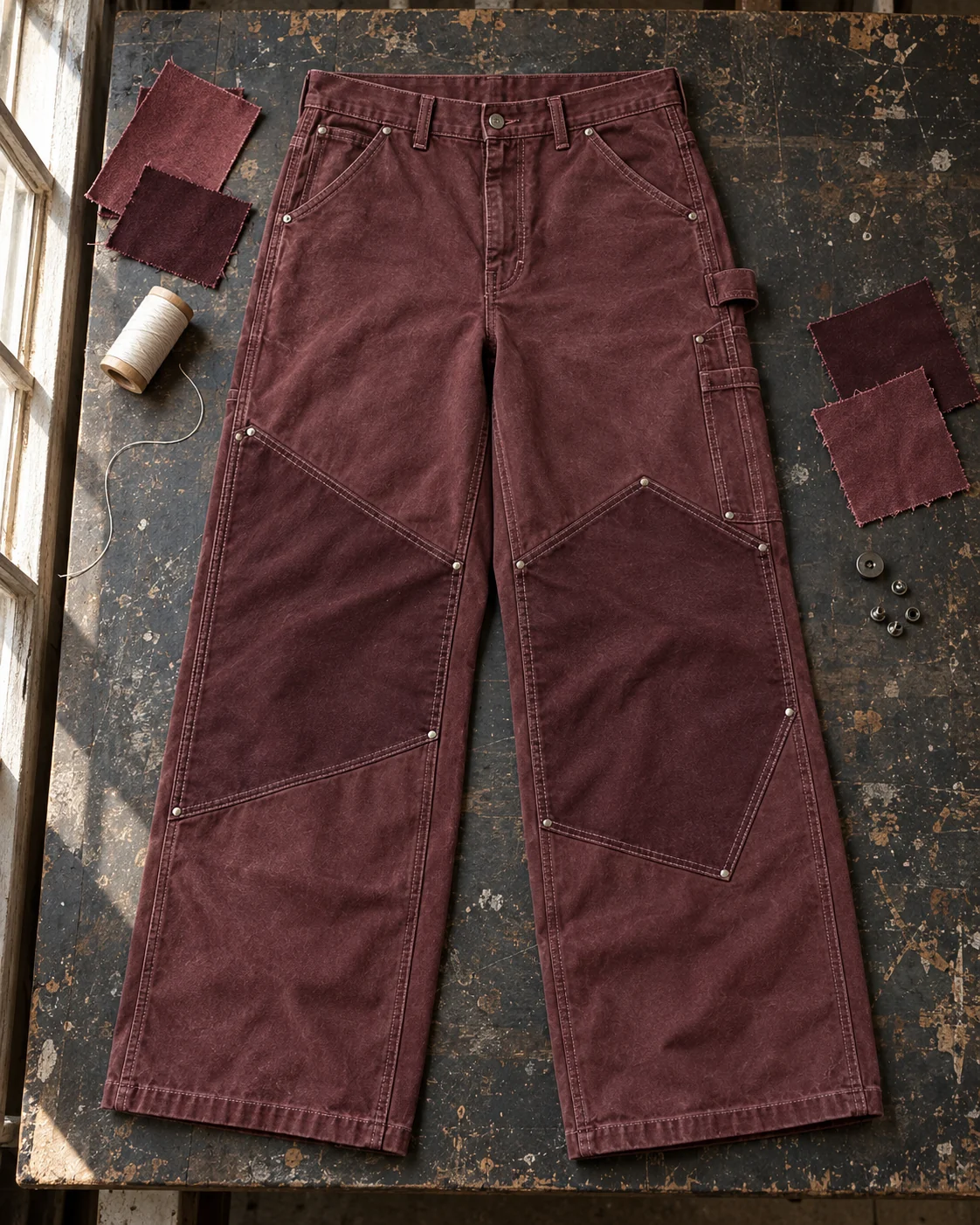 Garment development concept with materials and trims — Canvas Carpenter Pants in faded oxblood / chalk, AI-generated design concept