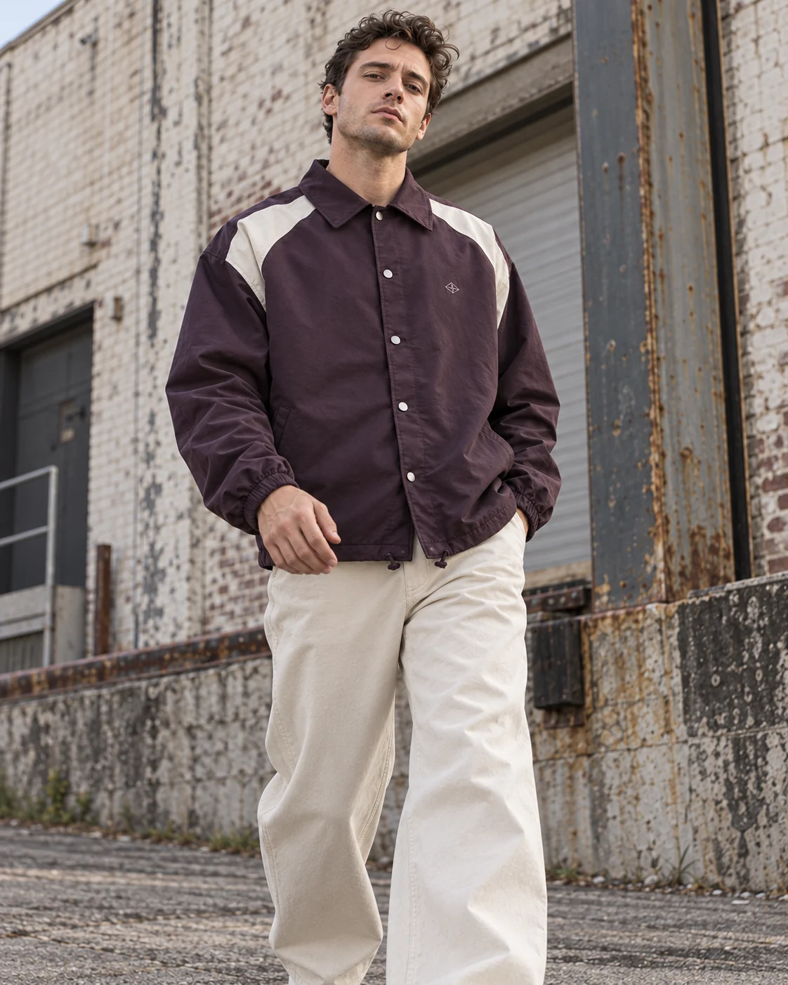 Full-body streetwear styling — Coach Jacket in washed aubergine / bone, AI-generated design concept