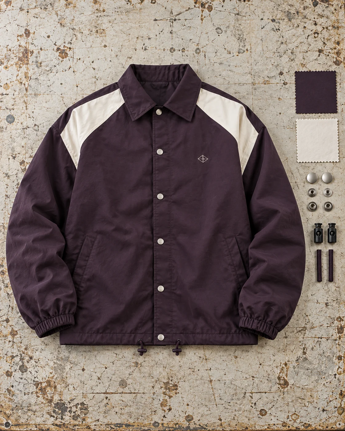 Garment development concept with materials and trims — Coach Jacket in washed aubergine / bone, AI-generated design concept