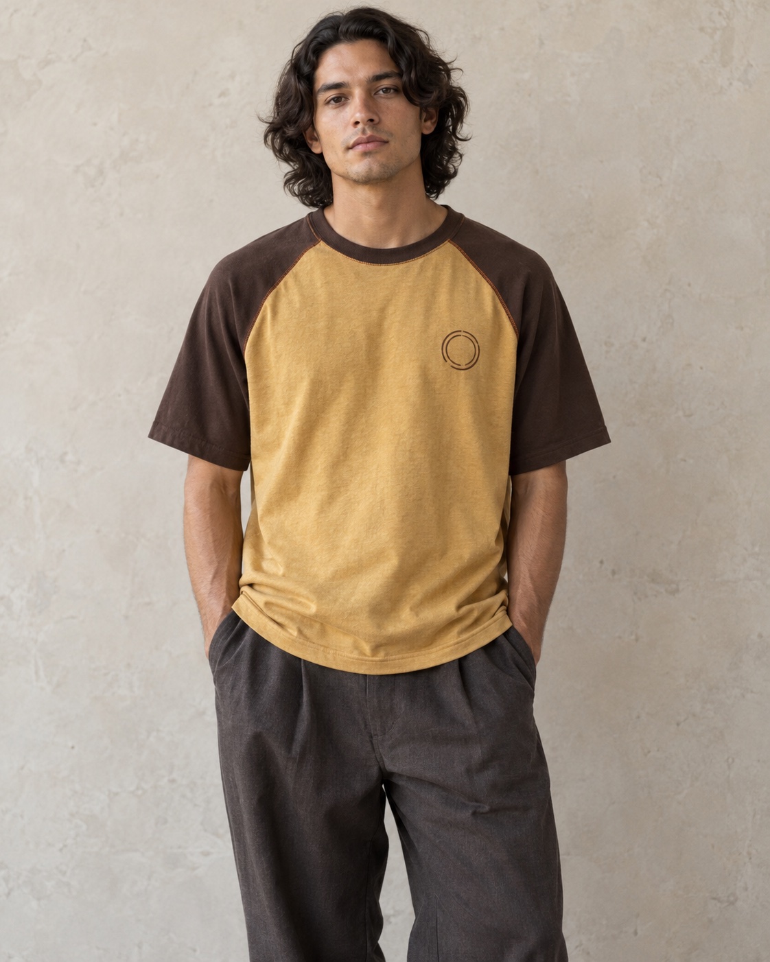 Front on-model view of the original contrast raglan t-shirt concept in mustard / espresso