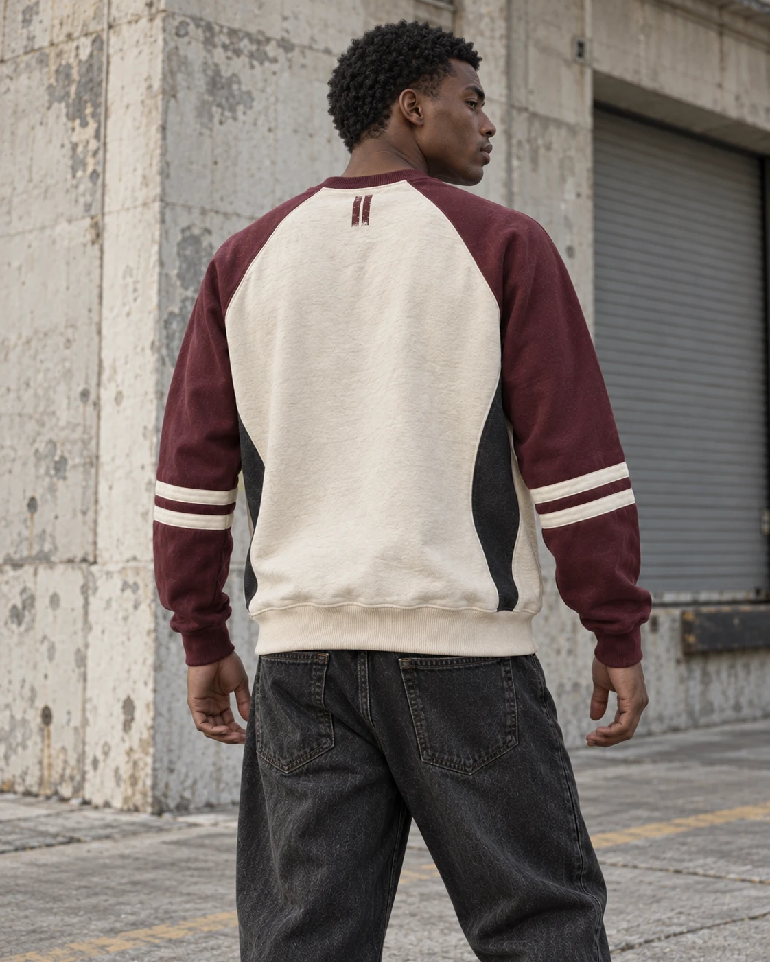 Distinct back design on the same model — Contrast Raglan Sweatshirt in cream / oxblood / charcoal, AI-generated design concept