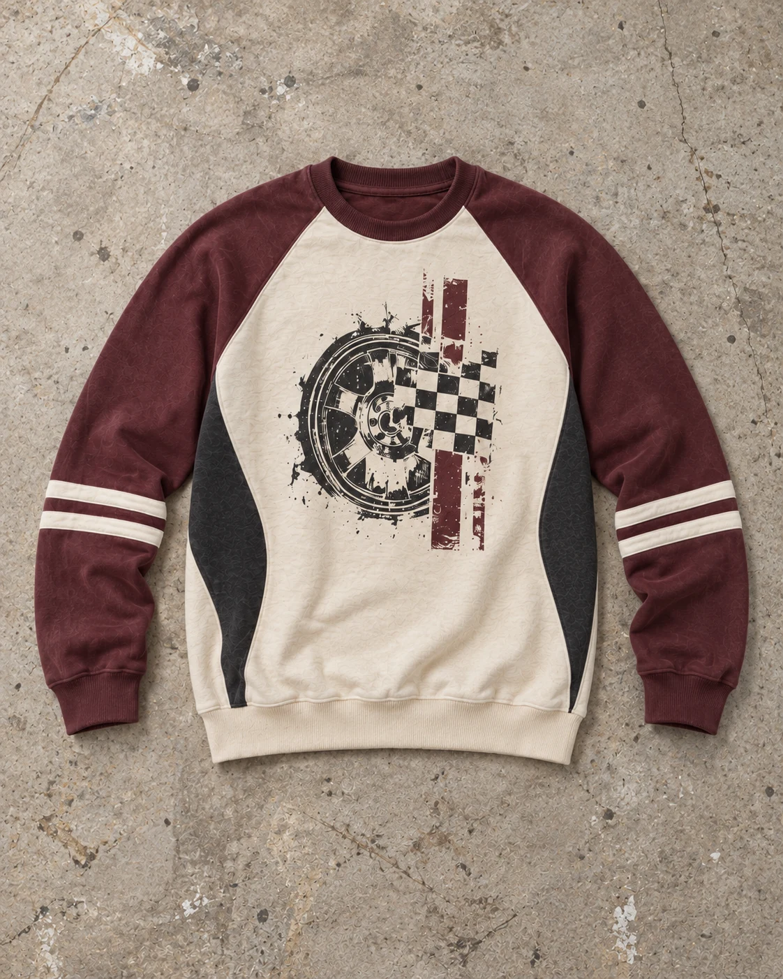 Full garment flat-lay showing the cut — Contrast Raglan Sweatshirt in cream / oxblood / charcoal, AI-generated design concept