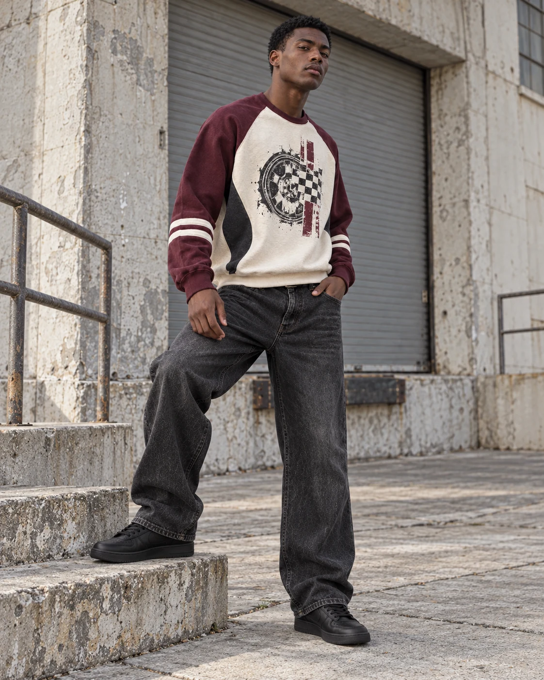 Full-body streetwear styling — Contrast Raglan Sweatshirt in cream / oxblood / charcoal, AI-generated design concept