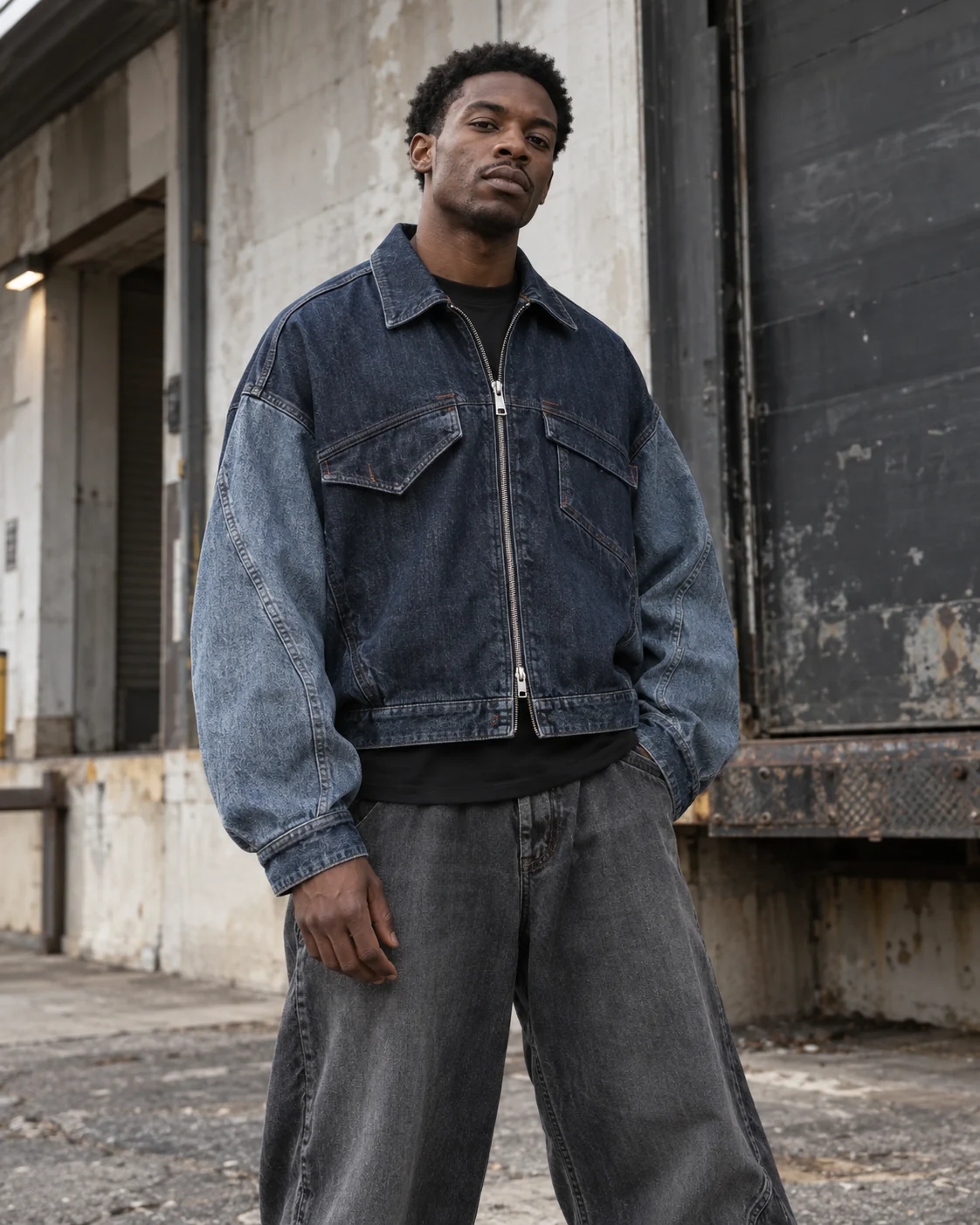 Front on-model view — Cropped Boxy Denim Jacket in washed indigo / stone blue, AI-generated design concept