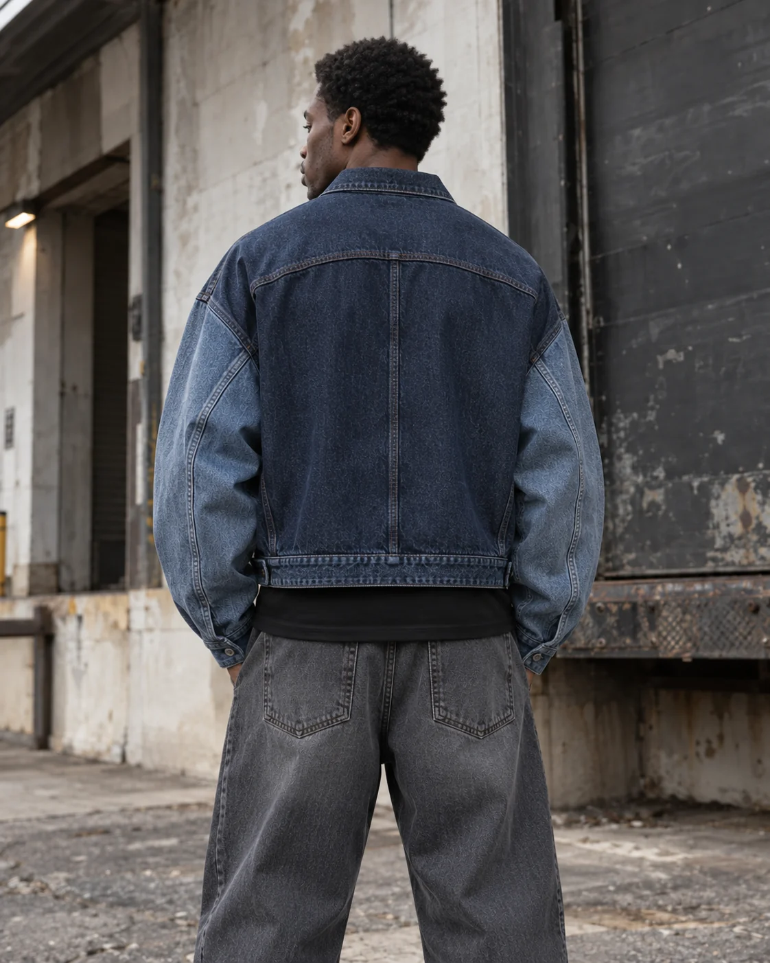 Distinct back design on the same model — Cropped Boxy Denim Jacket in washed indigo / stone blue, AI-generated design concept