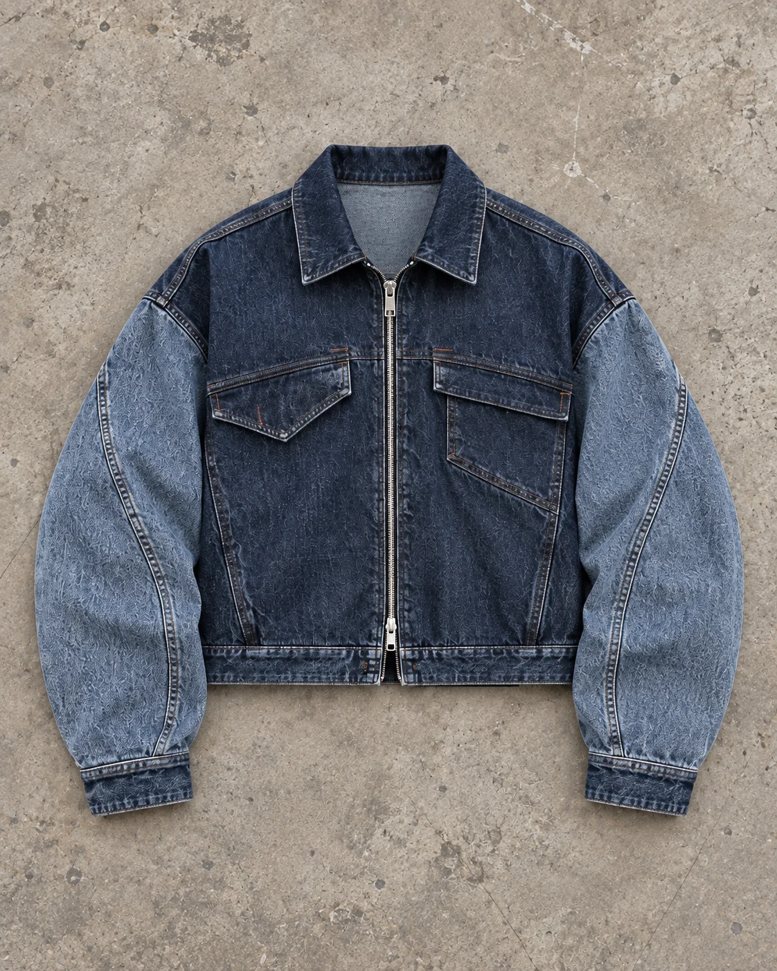 Full garment flat-lay showing the cut — Cropped Boxy Denim Jacket in washed indigo / stone blue, AI-generated design concept