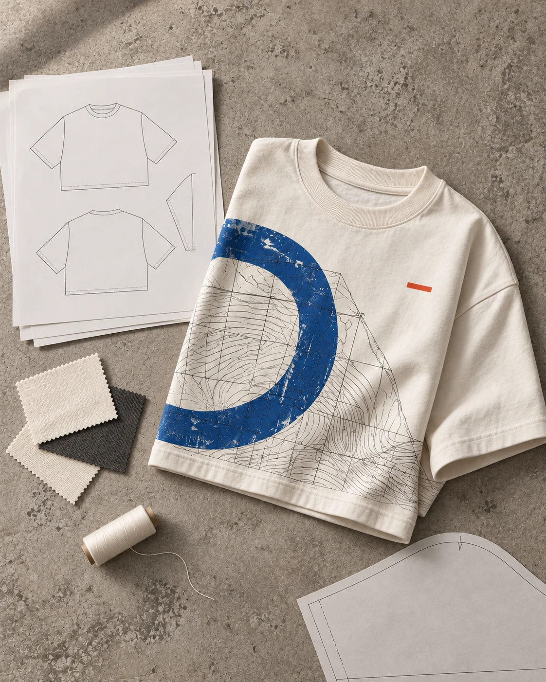 Conceptual development still life with cropped wide T-shirt, pattern drawings, fabric swatches and thread
