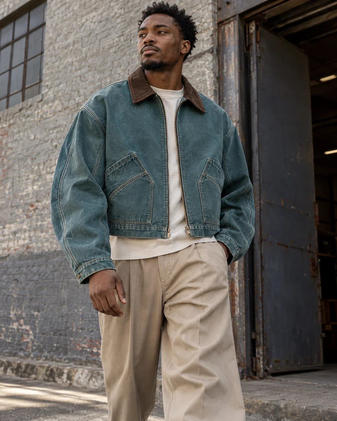 Front on-model view — Cropped Work Jacket in faded petrol / dark brown, AI-generated design concept