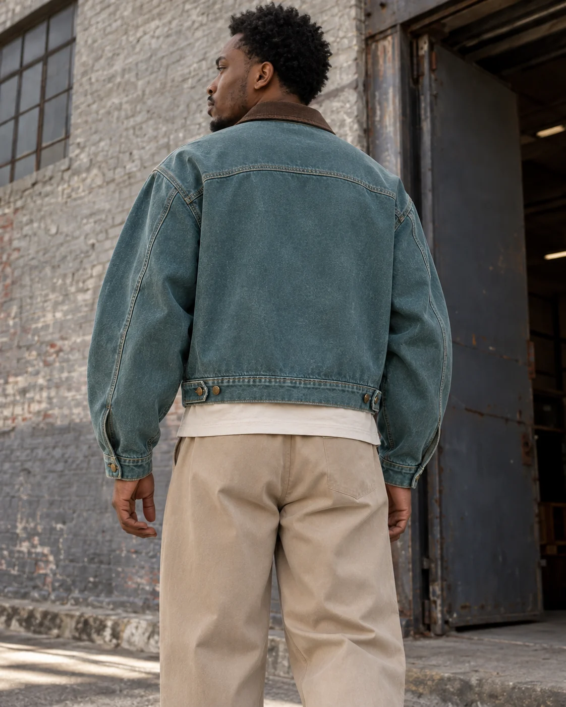 Distinct back design on the same model — Cropped Work Jacket in faded petrol / dark brown, AI-generated design concept