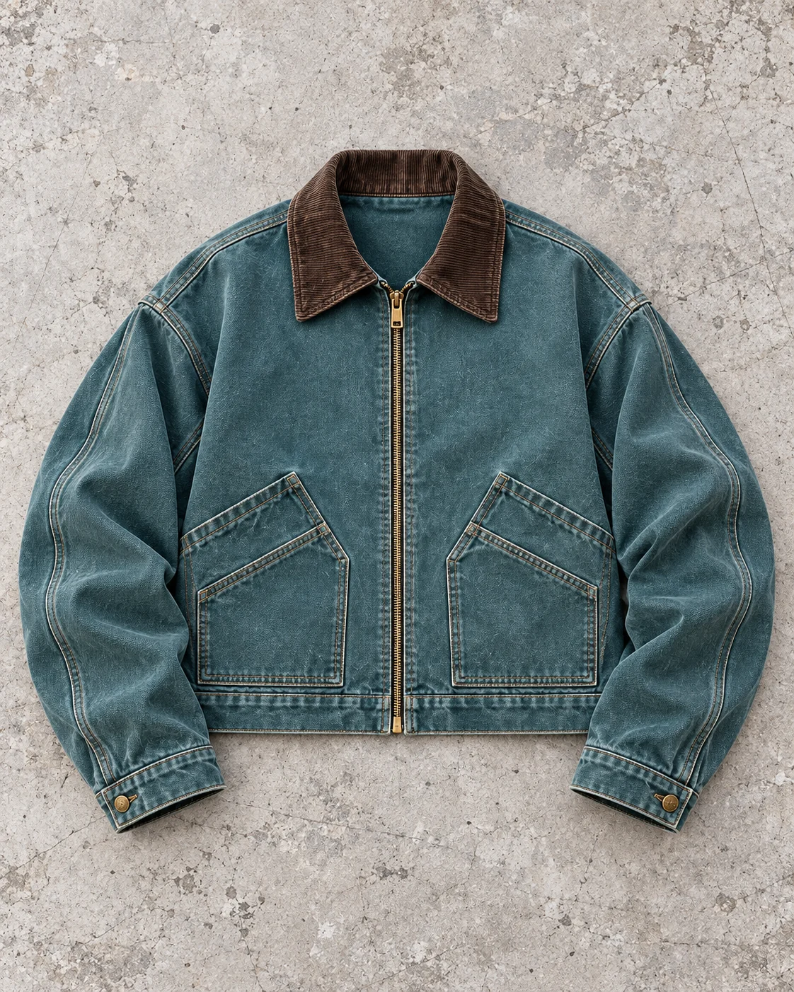 Full garment flat-lay showing the cut — Cropped Work Jacket in faded petrol / dark brown, AI-generated design concept