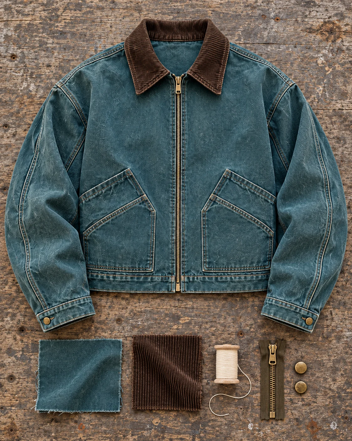 Garment development concept with materials and trims — Cropped Work Jacket in faded petrol / dark brown, AI-generated design concept
