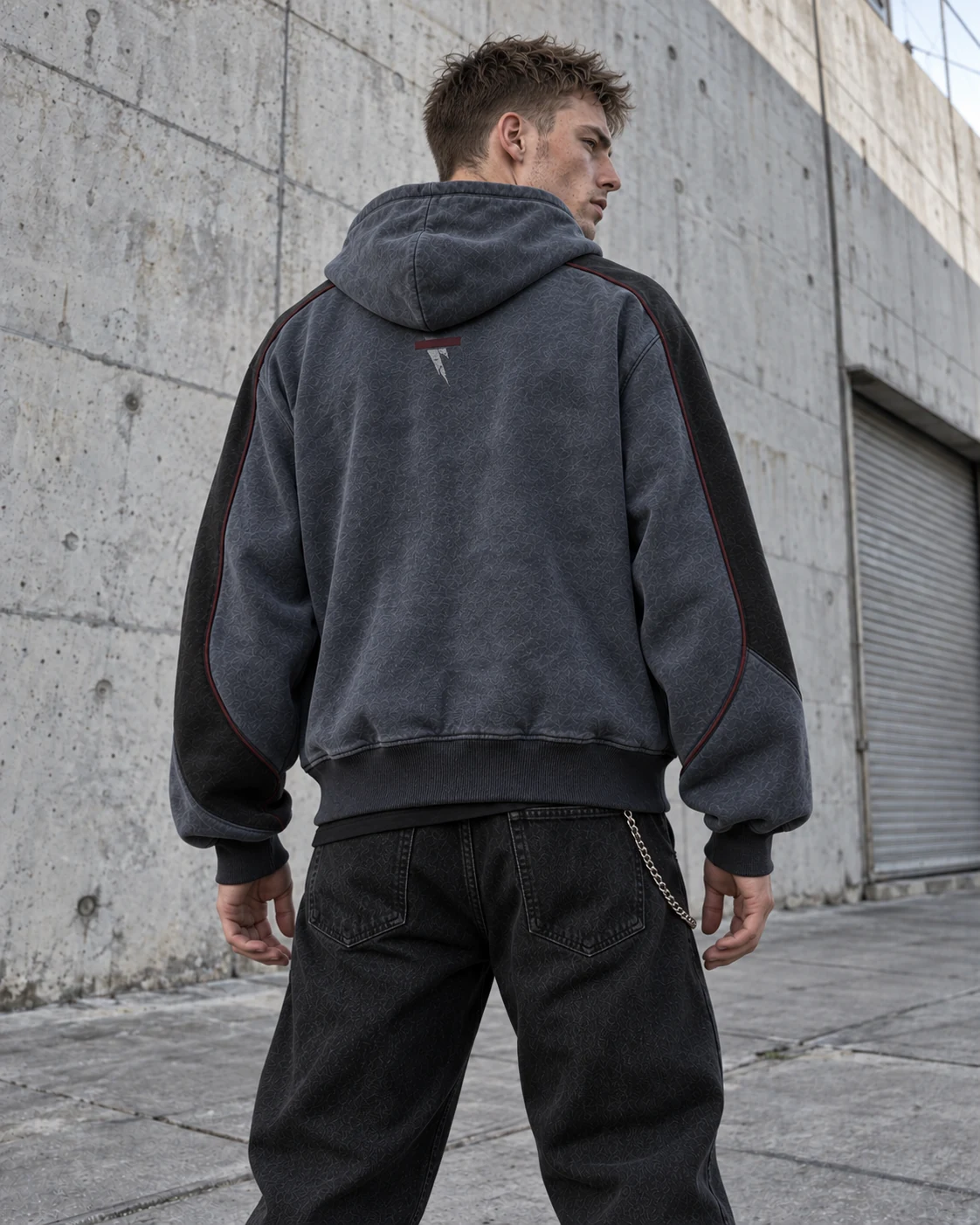Distinct back design on the same model — Cropped Zip Hoodie in blue grey / charcoal / burgundy, AI-generated design concept