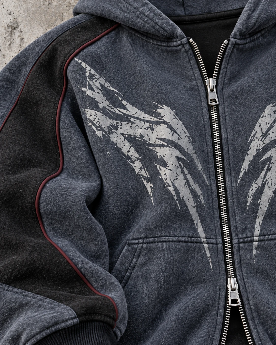 Close-up of fabric and signature construction — Cropped Zip Hoodie in blue grey / charcoal / burgundy, AI-generated design concept