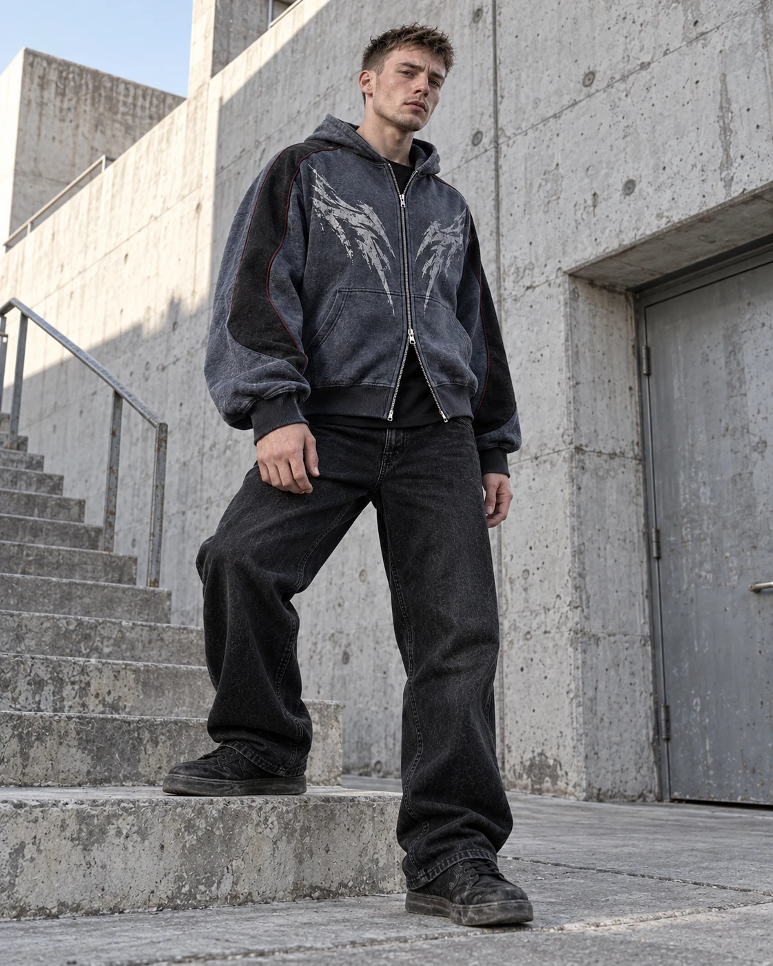 Full-body streetwear styling — Cropped Zip Hoodie in blue grey / charcoal / burgundy, AI-generated design concept