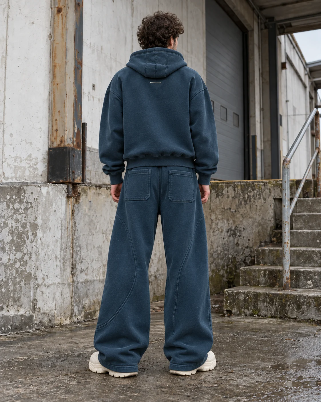 Back view of the same coordinated set — Cropped Zip Hoodie Set in washed petrol / bone, AI-generated design concept