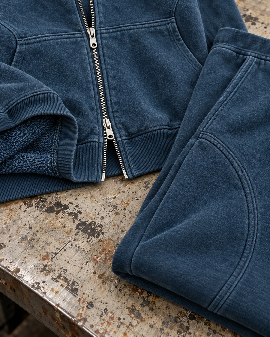 Close-up of fabric and coordinated construction — Cropped Zip Hoodie Set in washed petrol / bone, AI-generated design concept