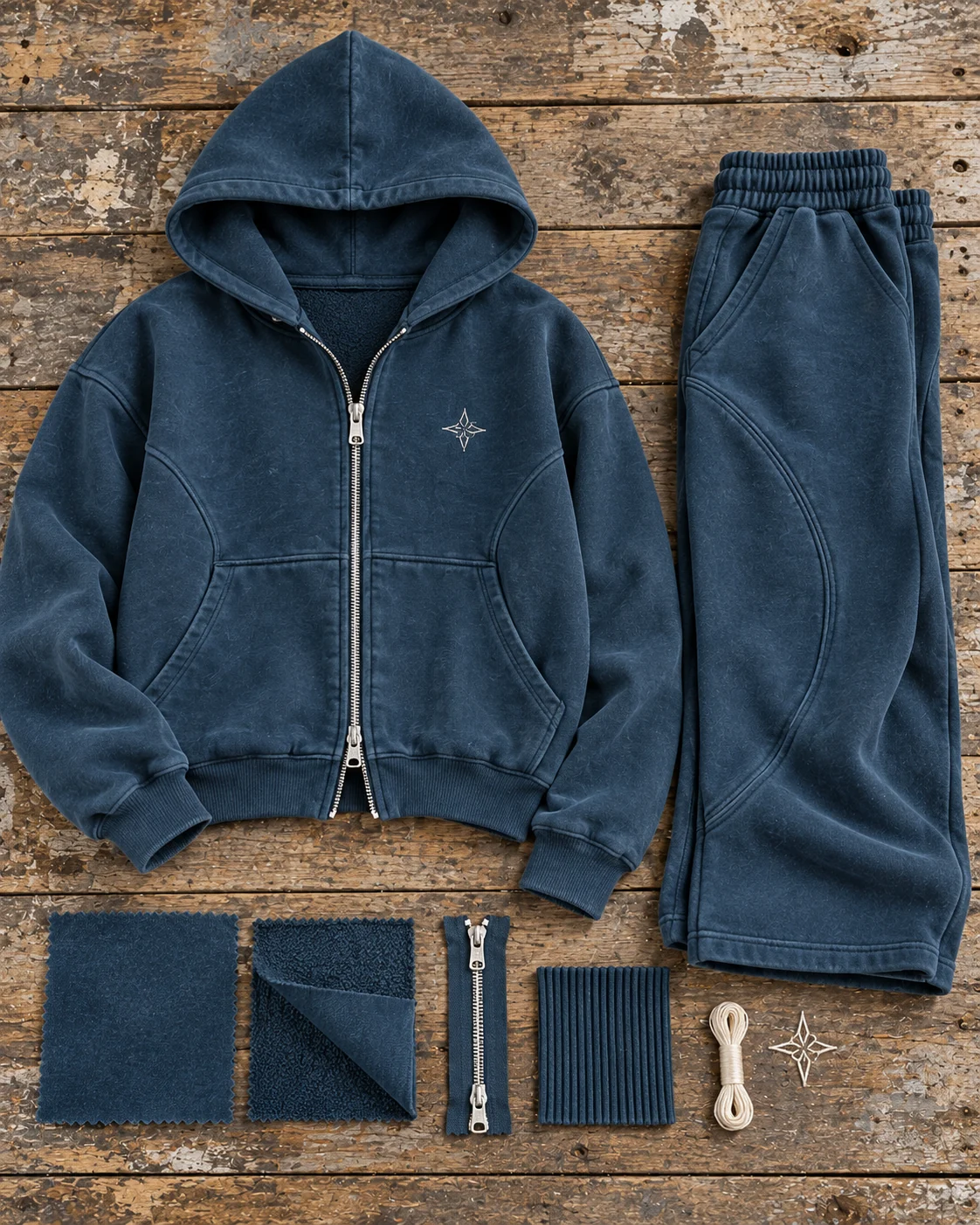 Two-piece development concept with materials and trims — Cropped Zip Hoodie Set in washed petrol / bone, AI-generated design concept