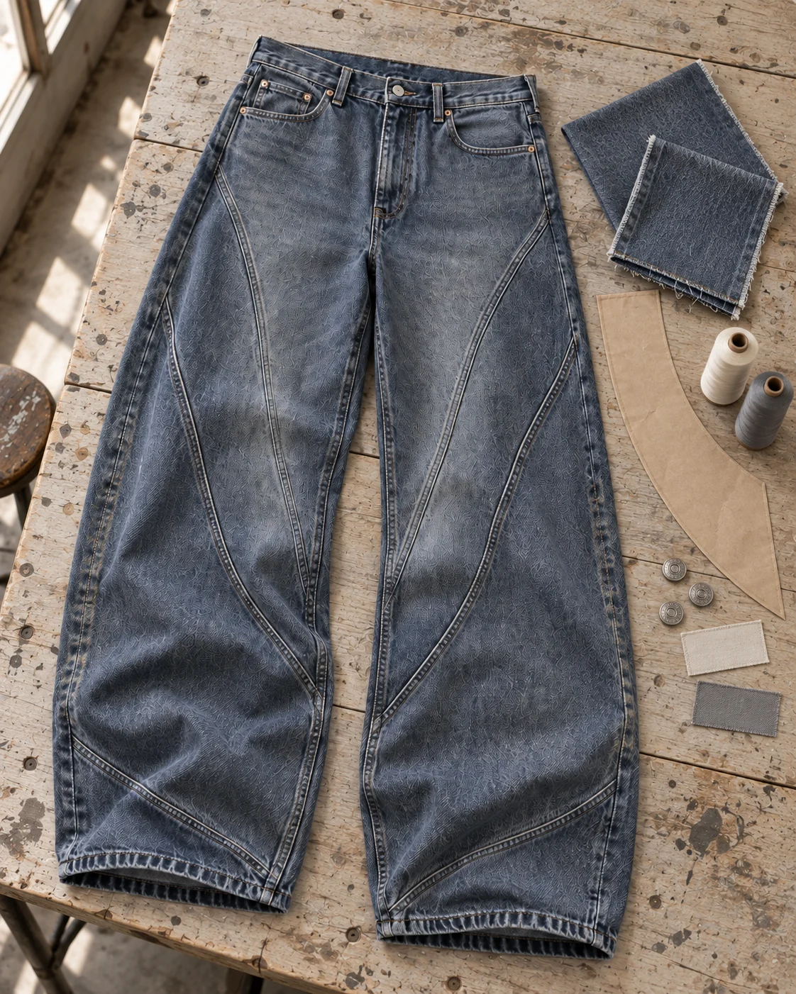 Garment development concept with materials and trims — Curved-Panel Jeans in slate blue / smoke grey, AI-generated design concept