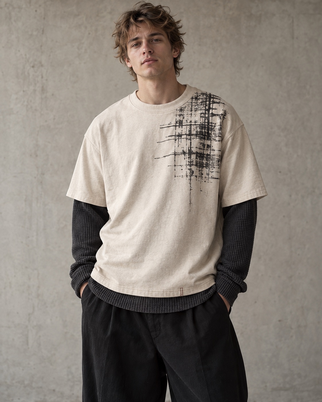 Front on-model view of the original double-layer thermal t-shirt concept in cream / charcoal