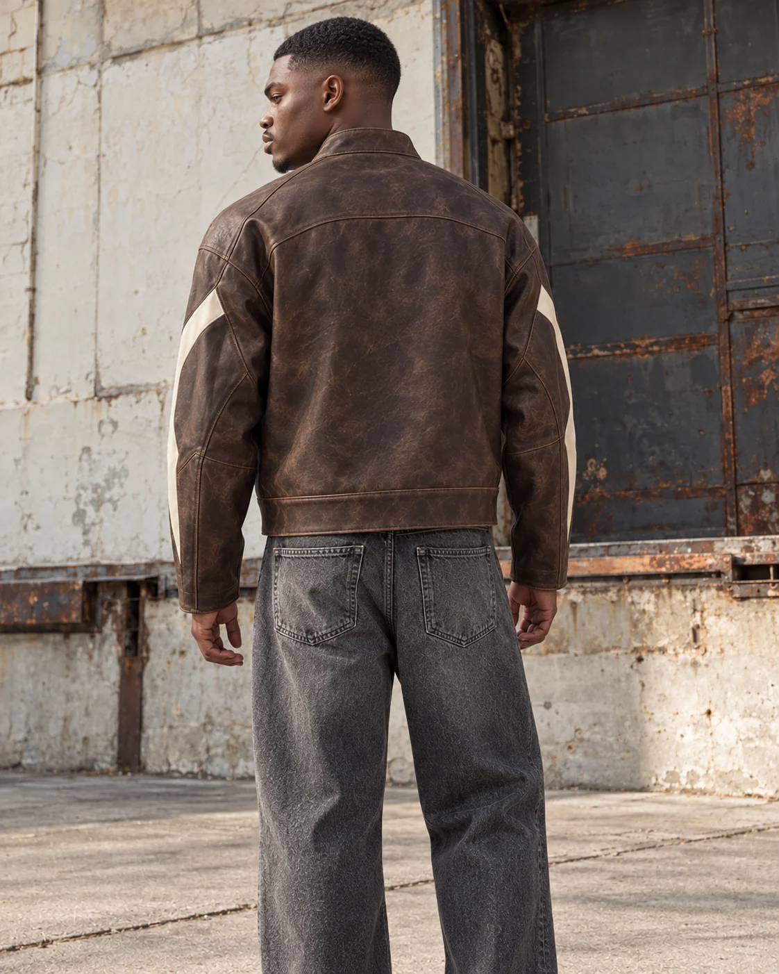Distinct back design on the same model — Faux Leather Racer Jacket in aged espresso / bone, AI-generated design concept