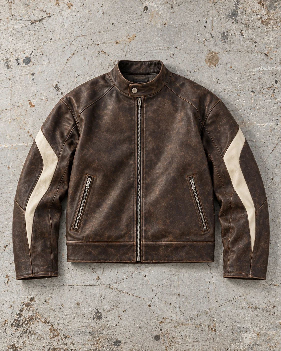 Full garment flat-lay showing the cut — Faux Leather Racer Jacket in aged espresso / bone, AI-generated design concept