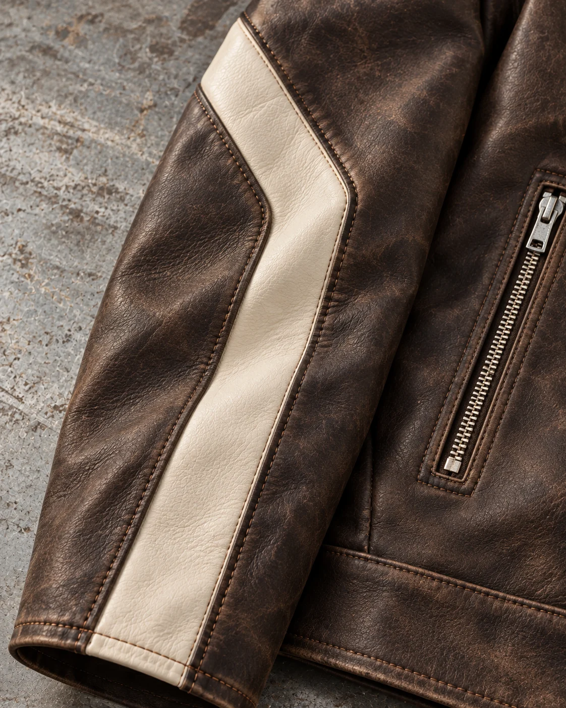 Close-up of fabric and signature construction — Faux Leather Racer Jacket in aged espresso / bone, AI-generated design concept