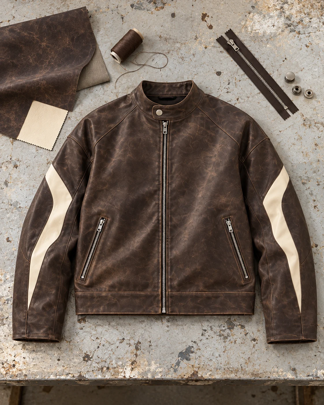 Garment development concept with materials and trims — Faux Leather Racer Jacket in aged espresso / bone, AI-generated design concept