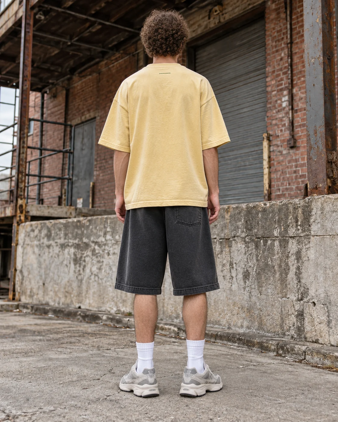 Back view of the same coordinated set — Graphic T-Shirt & Shorts Set in washed yellow / charcoal / moss, AI-generated design concept
