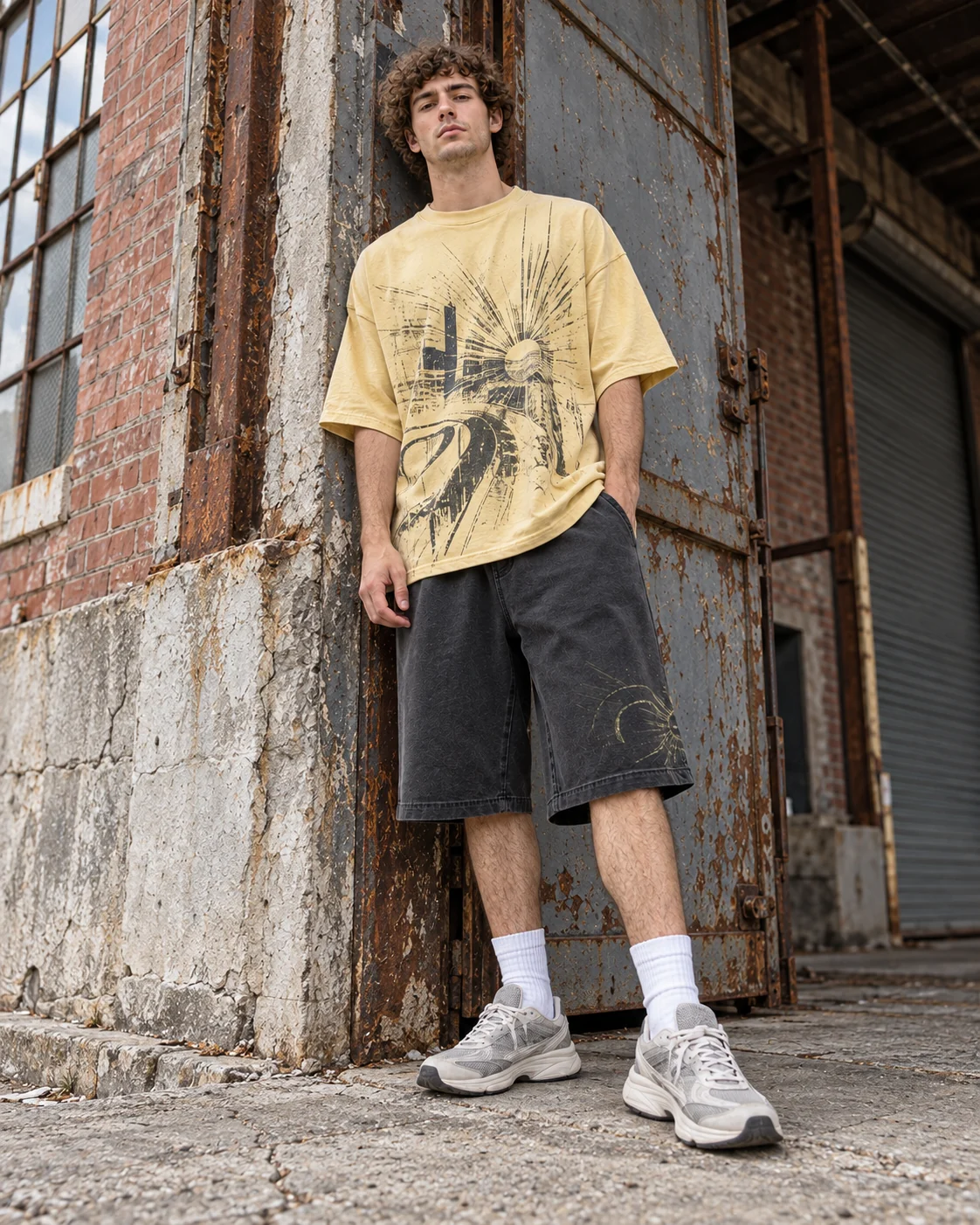 Full-body streetwear styling of the matching set — Graphic T-Shirt & Shorts Set in washed yellow / charcoal / moss, AI-generated design concept