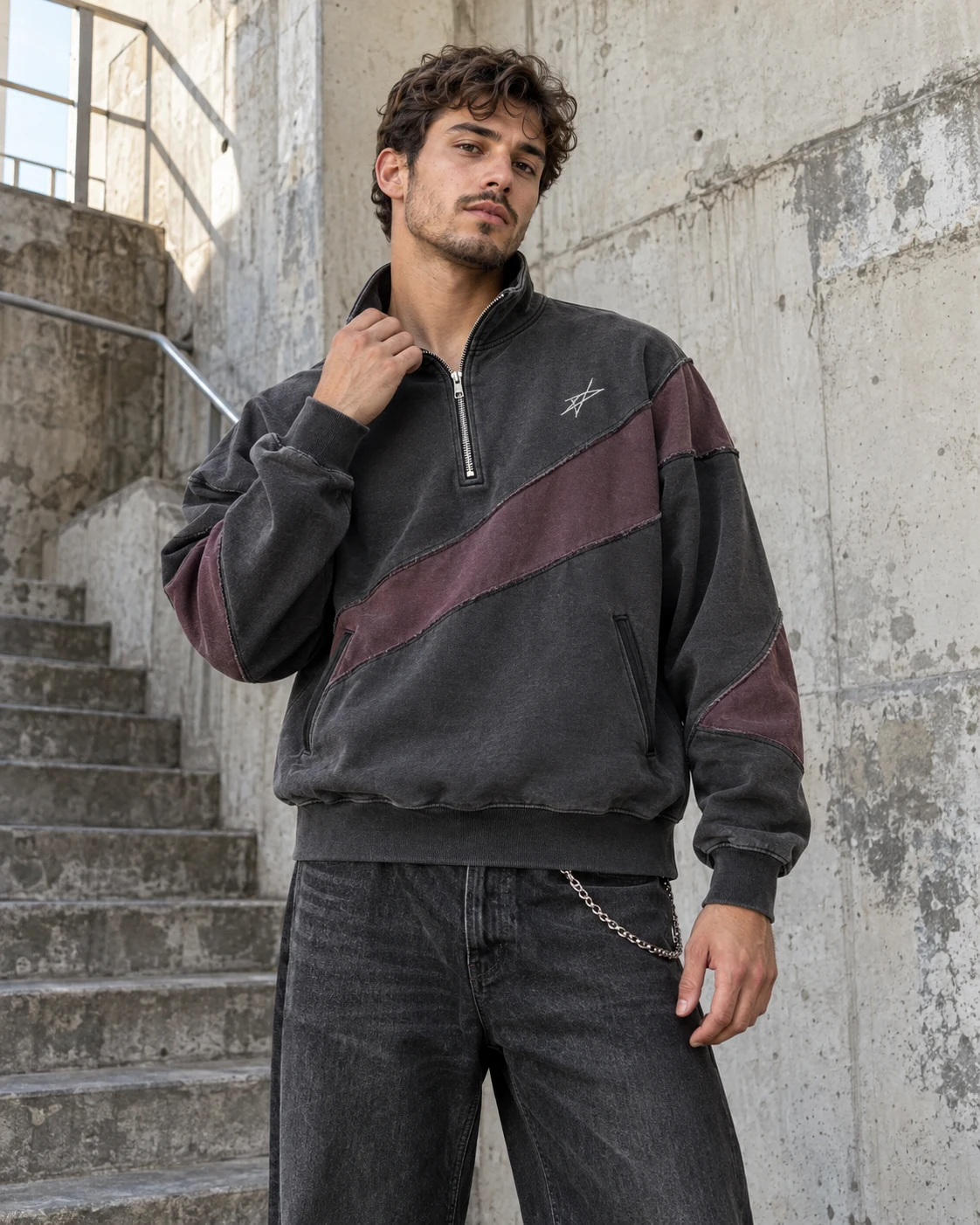 Front on-model view — Half-Zip Sweatshirt in washed graphite / dusty plum, AI-generated design concept