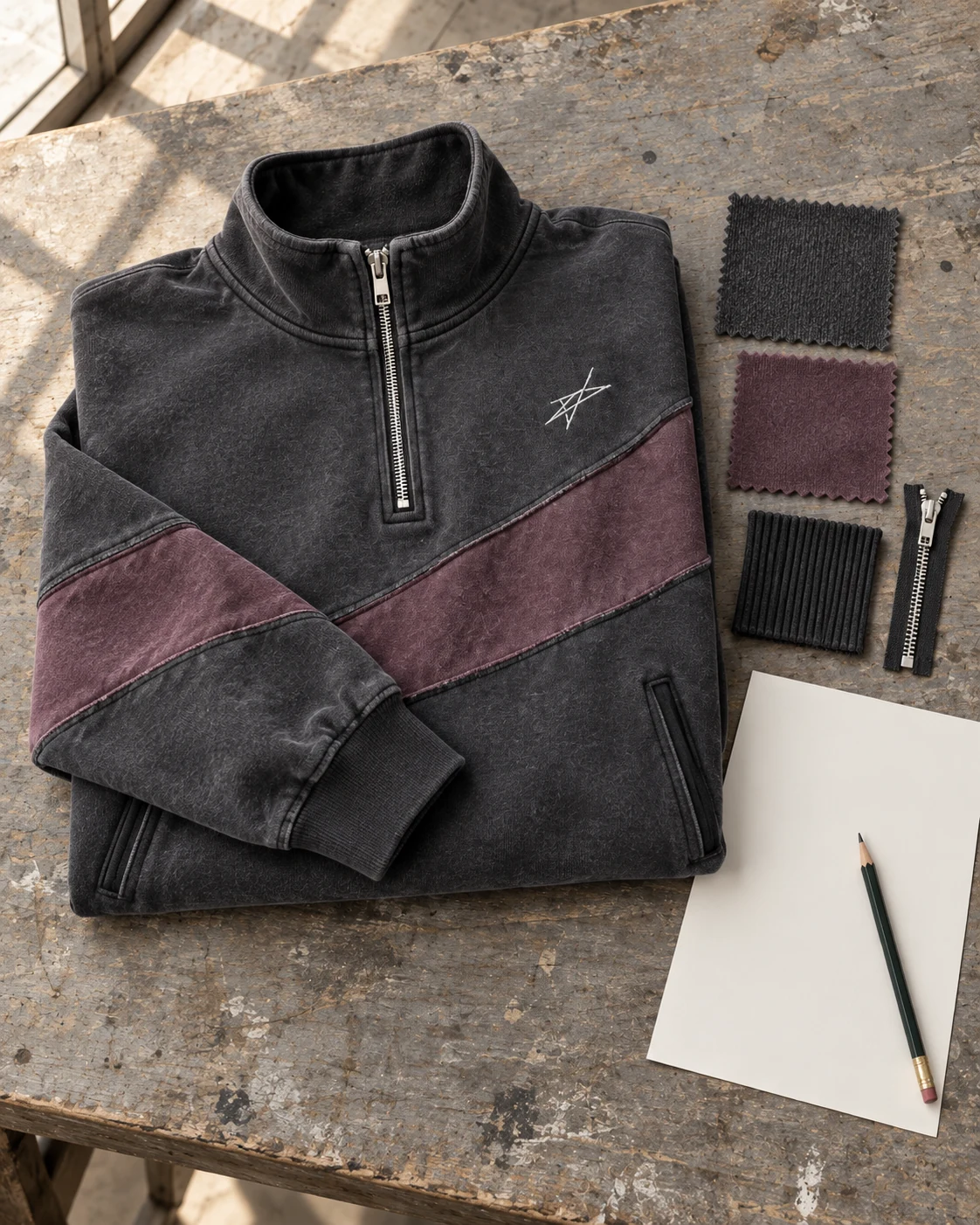 Garment development concept with materials and trims — Half-Zip Sweatshirt in washed graphite / dusty plum, AI-generated design concept
