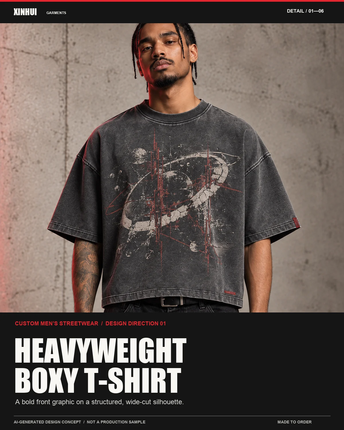 Front view of an original heavyweight boxy men's streetwear T-shirt design concept on a model