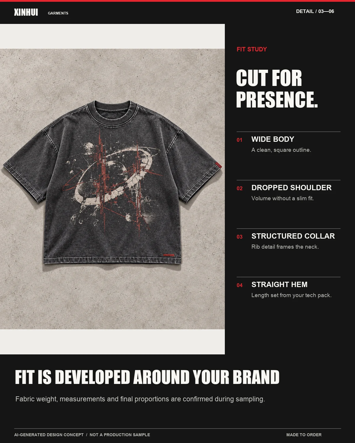 Flat-lay boxy T-shirt concept showing a wide body, dropped shoulders, wide sleeves and straight hem