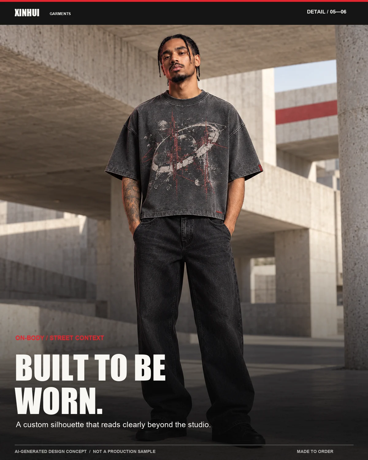 Model wearing the same original boxy graphic T-shirt concept in a concrete urban setting