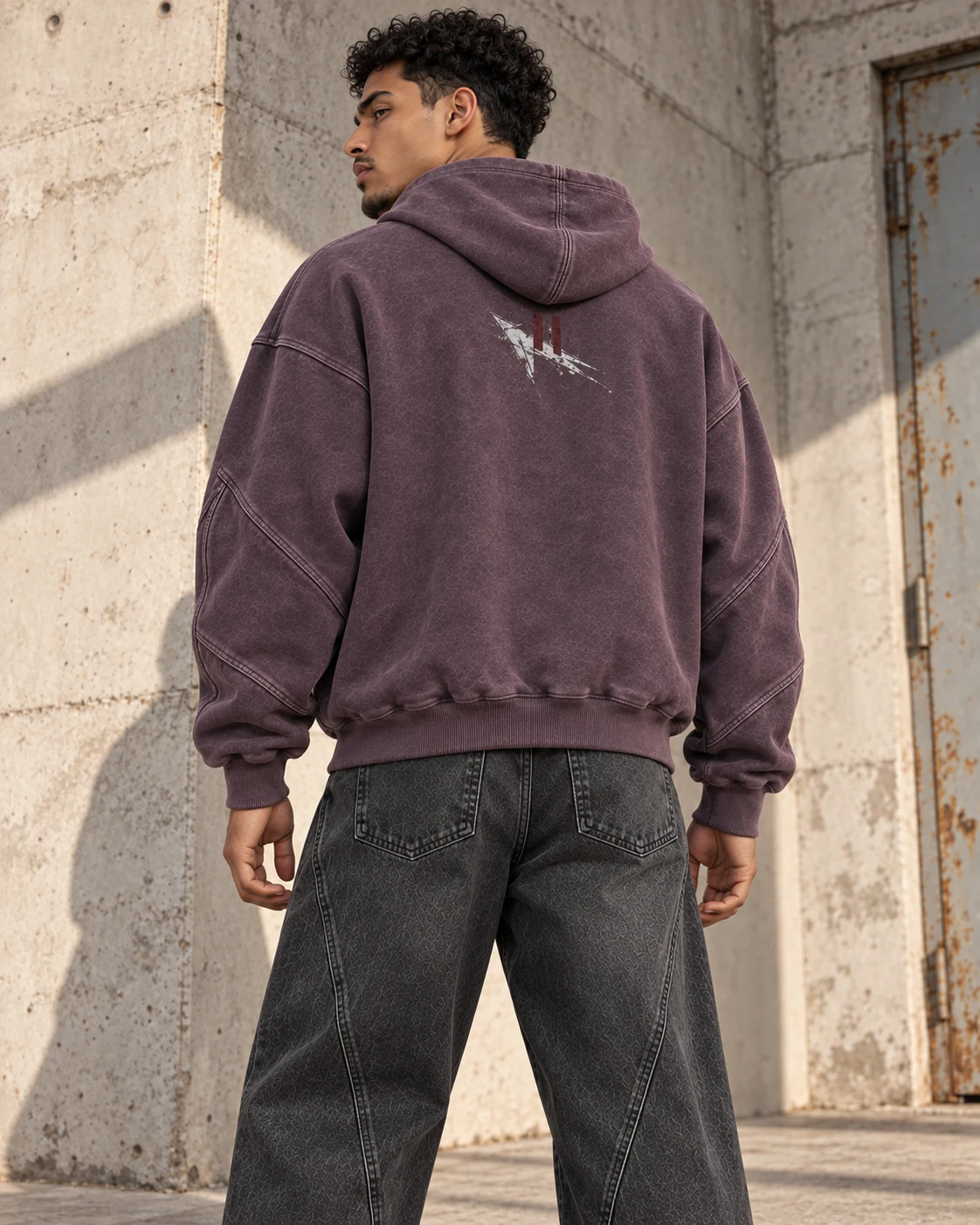 Distinct back design on the same model — Heavyweight Boxy Hoodie in smoky plum / bone / oxblood, AI-generated design concept
