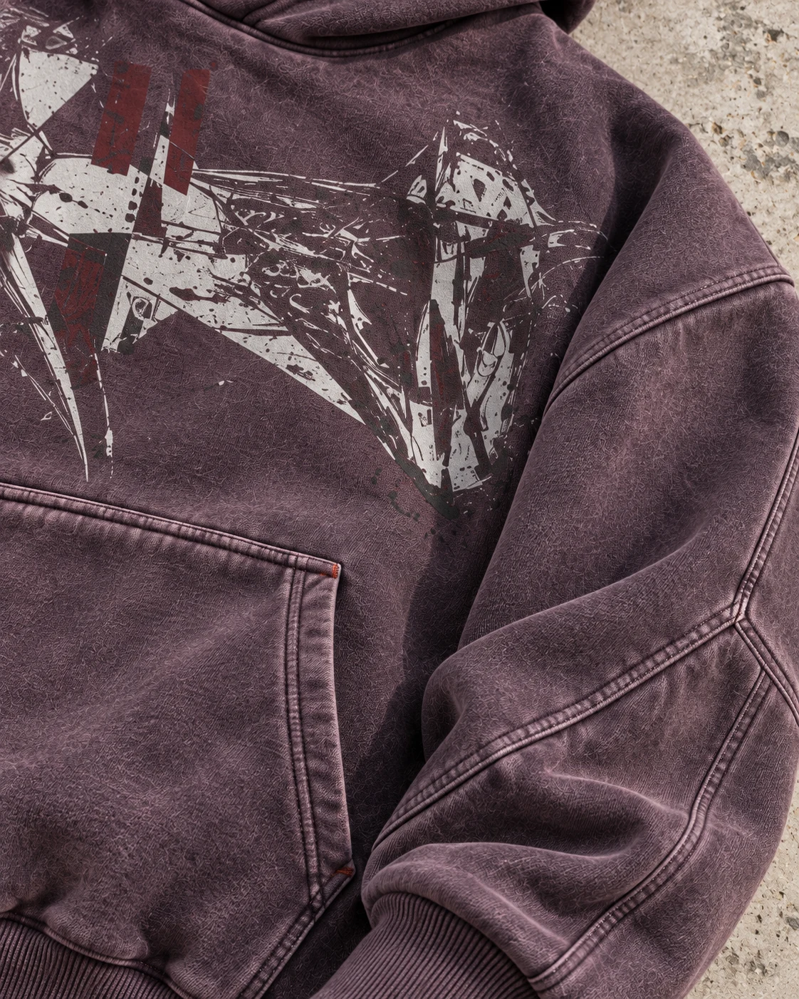 Close-up of fabric and signature construction — Heavyweight Boxy Hoodie in smoky plum / bone / oxblood, AI-generated design concept