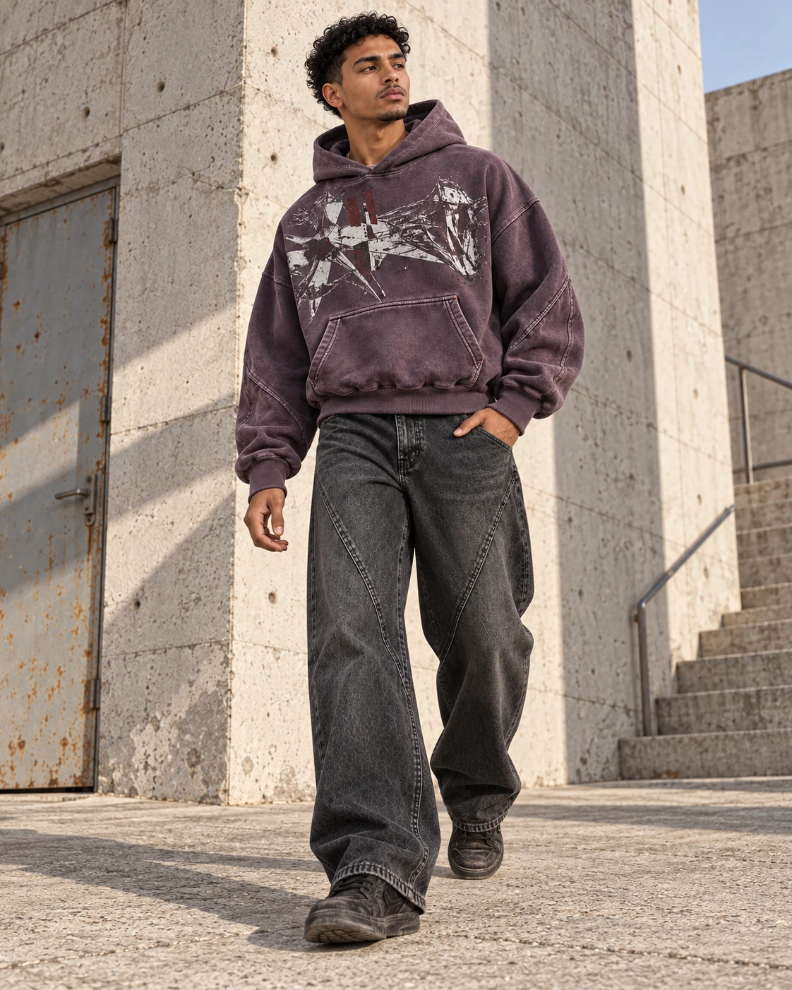 Full-body streetwear styling — Heavyweight Boxy Hoodie in smoky plum / bone / oxblood, AI-generated design concept