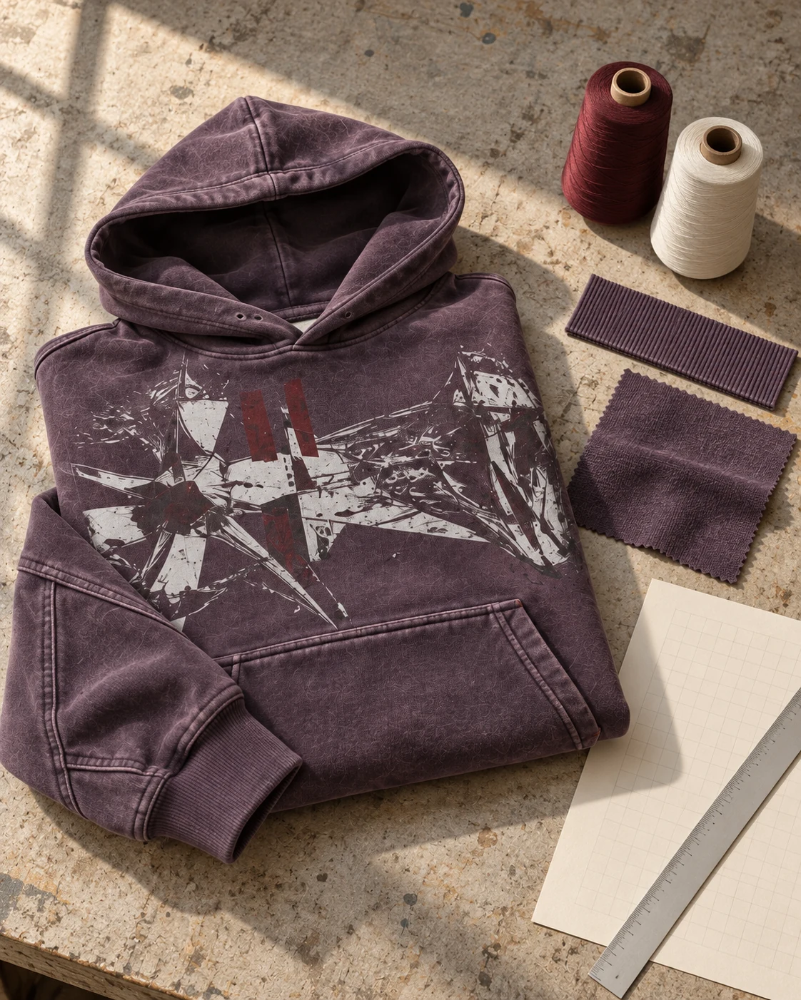 Garment development concept with materials and trims — Heavyweight Boxy Hoodie in smoky plum / bone / oxblood, AI-generated design concept