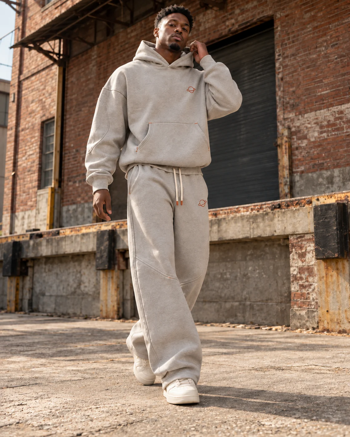 Full-body streetwear styling of the matching set — Heavyweight Hoodie & Sweatpants Set in cement grey / rust, AI-generated design concept