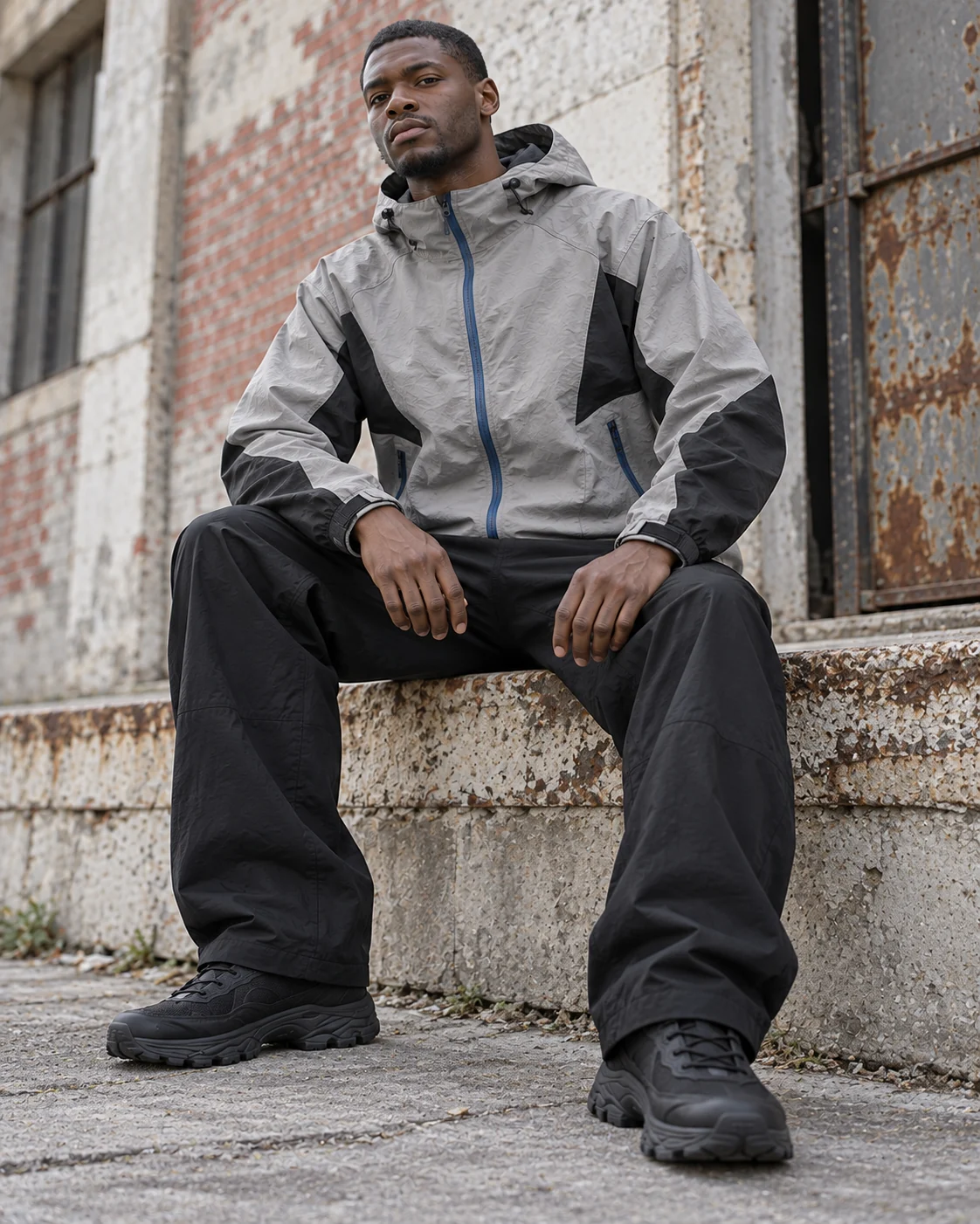 Full-body streetwear styling — Hooded Shell Jacket in stone grey / charcoal / cobalt, AI-generated design concept