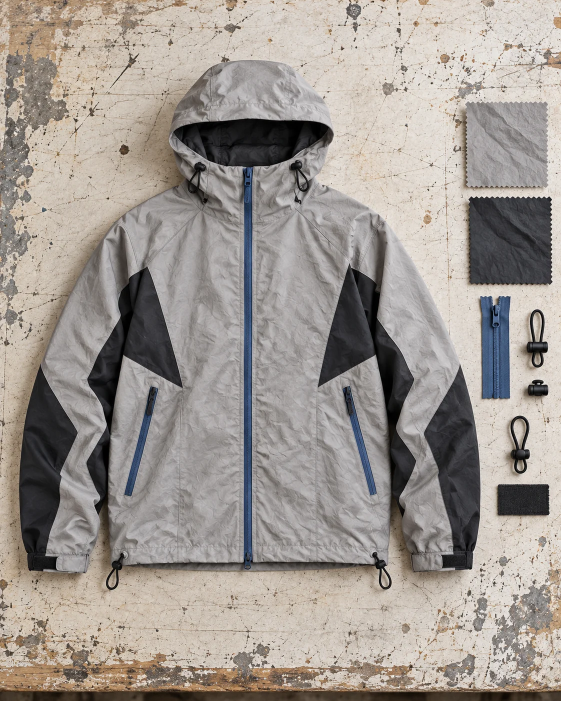 Garment development concept with materials and trims — Hooded Shell Jacket in stone grey / charcoal / cobalt, AI-generated design concept