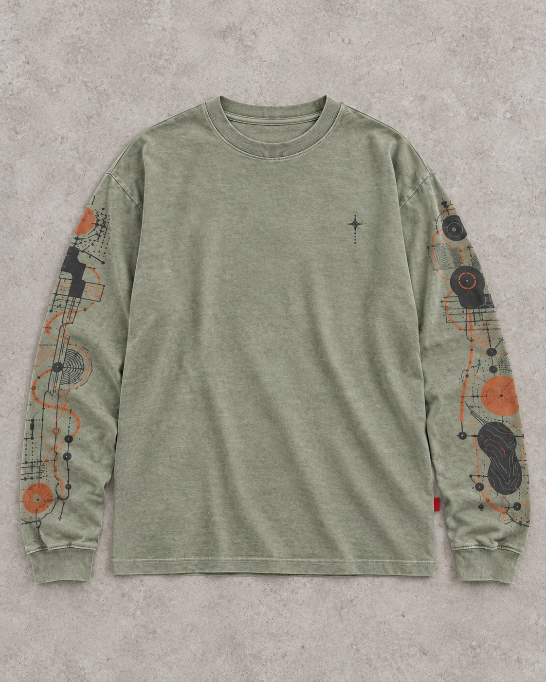 Full garment flat-lay of the original long-sleeve sleeve-print t-shirt concept in mineral sage / burnt orange