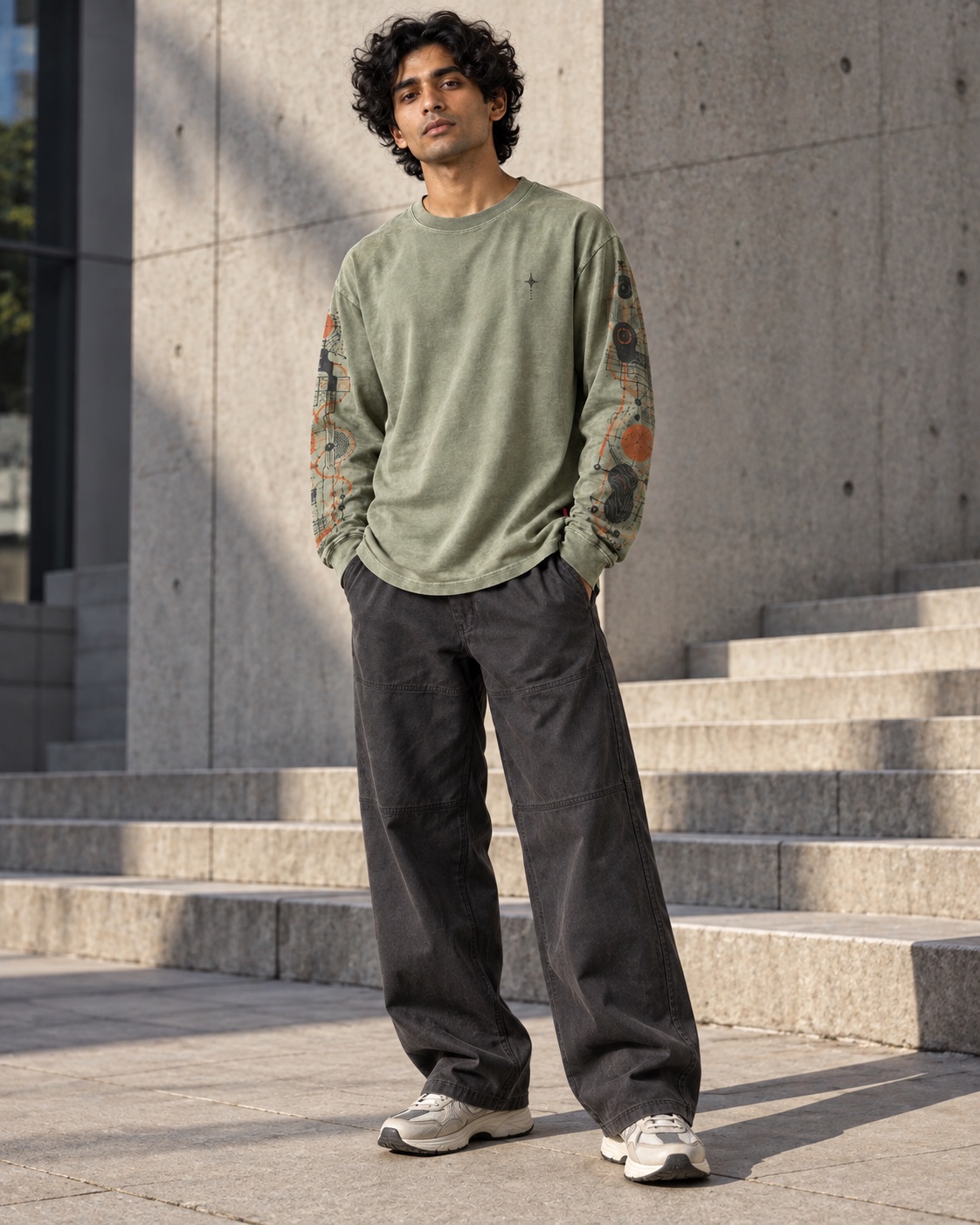 Full-body street styling of the original long-sleeve sleeve-print t-shirt concept in mineral sage / burnt orange